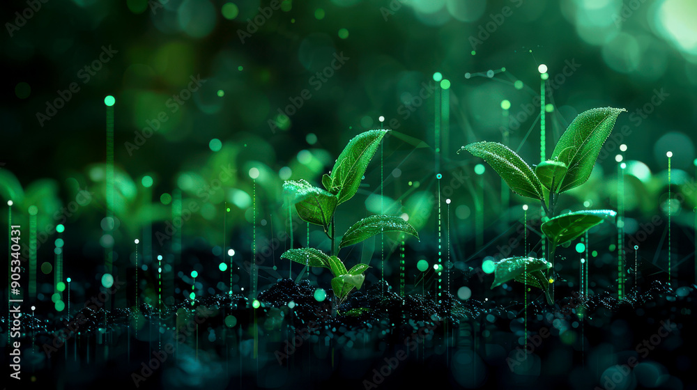 Close-up of young green plants sprouting in rich soil, surrounded by droplets, symbolizing growth and nature's beauty. Close-up of young green plants sprouting in rich soil, surrounded by droplets, symbolizing growth and nature's beauty.