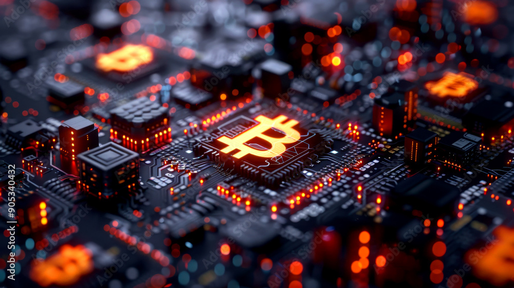 Fototapeta premium Close-up view of a circuit board featuring glowing Bitcoin symbols, representing digital currency technology and innovation.
