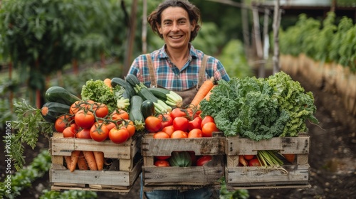 Smiling Farmer Holding Wooden Crates Full of Fresh Vegetables on Sunny Day. Generative AI © Рудой Максим