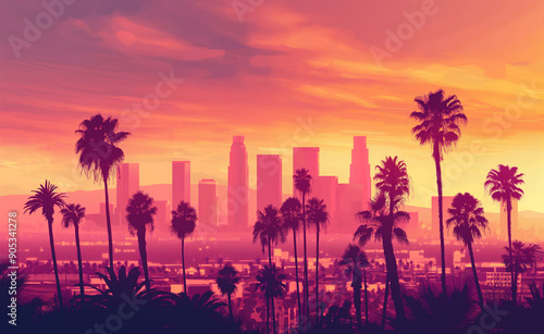 Los Angeles skyline at sunset with palm trees. photo