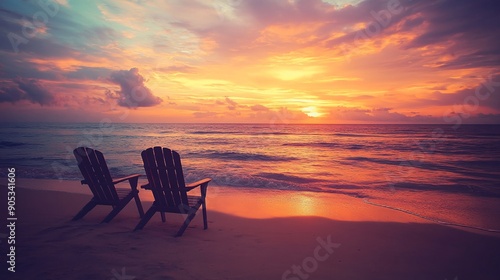 Fototapeta Naklejka Na Ścianę i Meble -  This stock photo features a tranquil beach at sunset with two empty beach chairs positioned near the water's edge. The end of summer is depicted with the sun setting on the horizon, casting long