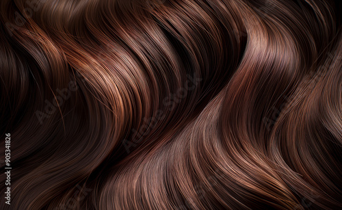 Wavy strands of brown hair with highlights. photo