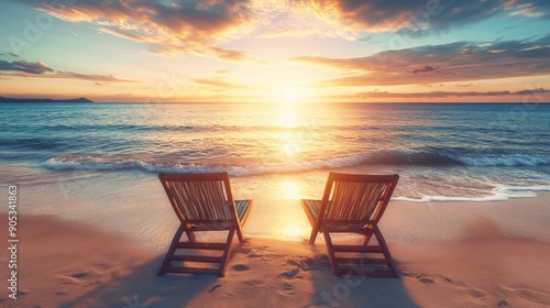 Fototapeta Naklejka Na Ścianę i Meble -  This stock photo features a tranquil beach at sunset with two empty beach chairs positioned near the water's edge. The end of summer is depicted with the sun setting on the horizon, casting long