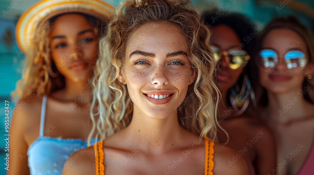 A group of women are smiling and wearing sunglasses A group of women are smiling and wearing sunglasses