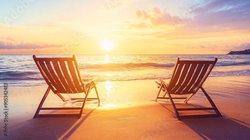 Fototapeta Naklejka Na Ścianę i Meble -  An evocative scene of an empty beach at sunset, marking the end of summer. Two beach chairs sit unoccupied near the shoreline, facing the calm ocean. The setting sun casts a warm glow over the sand