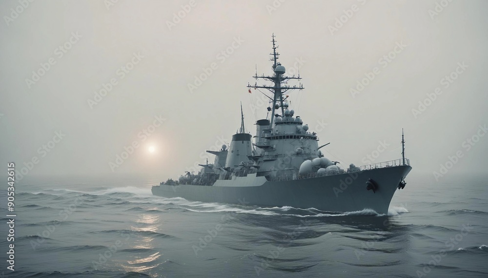 A naval destroyer navigating through a thick fog, with only the ship’s lights cutting through the gloom, while the sea swells ominously around it.
