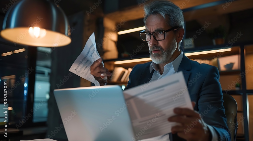 Obraz premium Busy middle aged executive mature ceo male hr account manager holding documents using laptop computer in office checking financial bill data in report doing accounting paper file plan : Generative AI