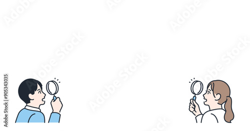 虫眼鏡を覗く若い男女のカラーイラストセット