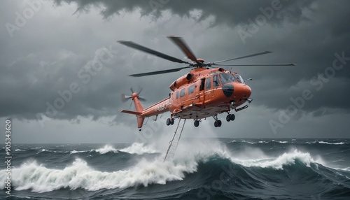 A rescue helicopter hovering above a turbulent ocean, battling heavy rain and powerful gusts as it searches for a stranded vessel. 