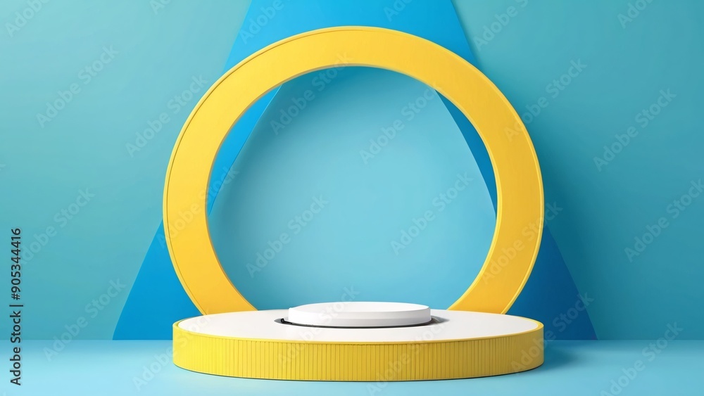 3D render of an abstract sunny yellow background featuring white clouds and a blue circular cutout. A straightforward geometric scene with an empty podium, perfect for product presentation. 3D render of an abstract sunny yellow background featuring white clouds and a blue circular cutout. A straightforward geometric scene with an empty podium, perfect for product presentation.
