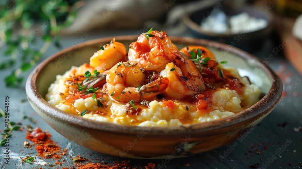 a bowl of shrimp and grits on a table a bowl of shrimp and grits on a table