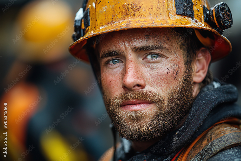 Portrait of worker with yellow hard hat , Miner with beard close up shot Portrait of worker with yellow hard hat , Miner with beard close up shot