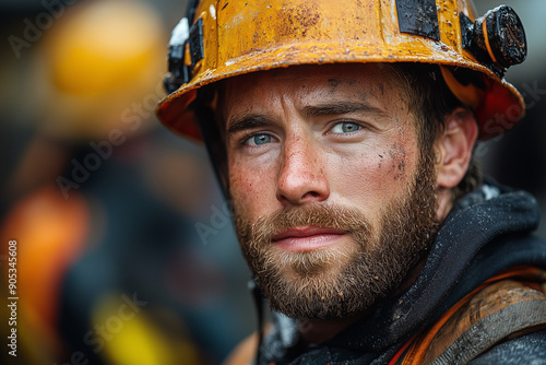 Portrait of worker with yellow hard hat , Miner with beard close up shot