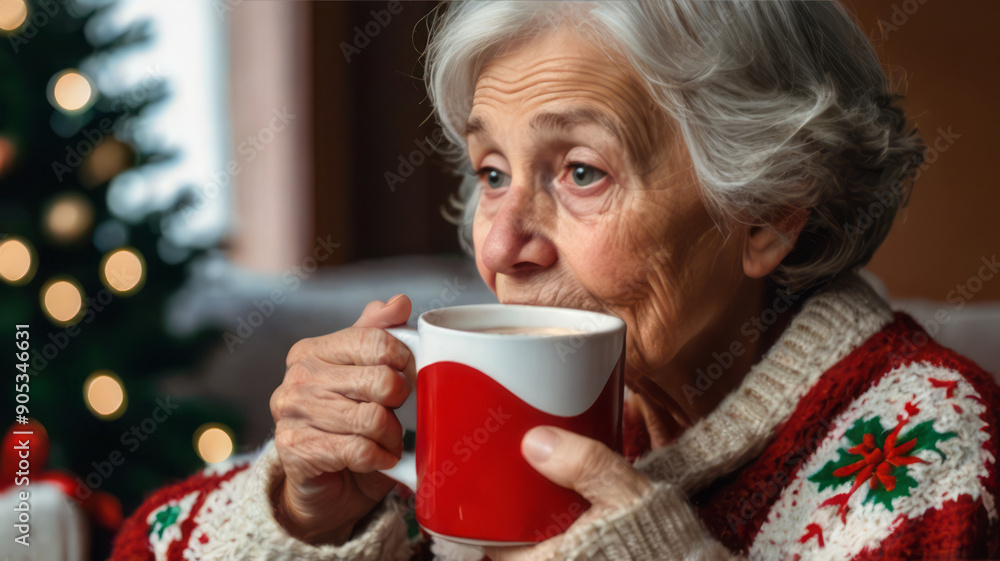 Lonely elderly woman in christmas sweater holding mug and looking sad 