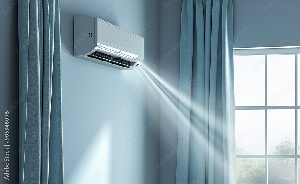 An air conditioner releases a gentle breeze in a modern room decorated with green plants on a sunny day. An air conditioner releases a gentle breeze in a modern room decorated with green plants on a sunny day.