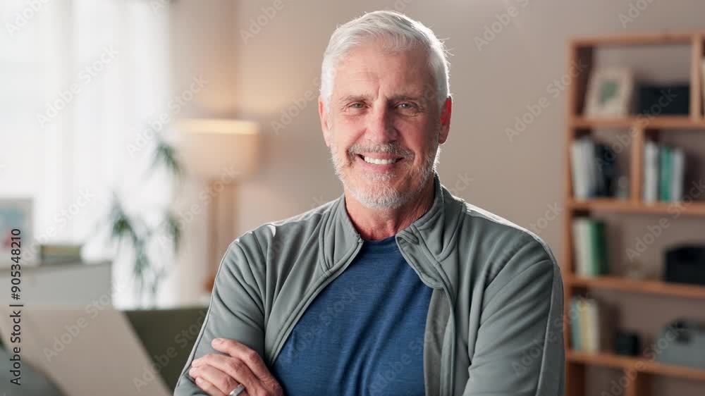 Portrait, confidence and happy senior man in nursing home to relax with pride, smile and funny laugh. Face, retirement and person with arms crossed in living room for health or wellness in Canada Portrait, confidence and happy senior man in nursing home to relax with pride, smile and funny laugh. Face, retirement and person with arms crossed in living room for health or wellness in Canada