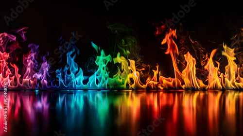 Panoramic Line of Multicolored Flames