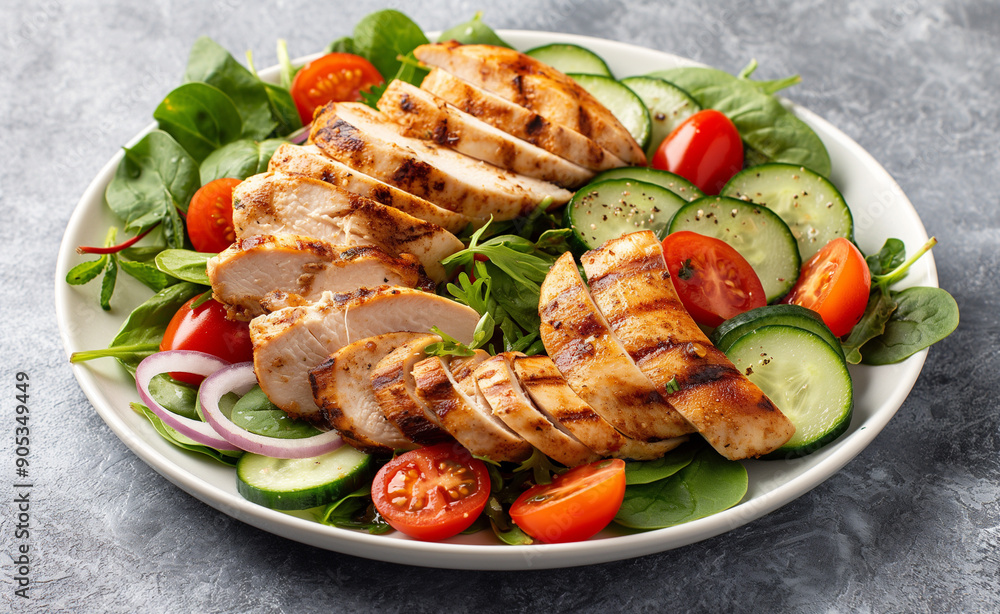 A healthy salad with grilled chicken, fresh vegetables, and spinach on a plate, highlighting a nutritious meal. A healthy salad with grilled chicken, fresh vegetables, and spinach on a plate, highlighting a nutritious meal.