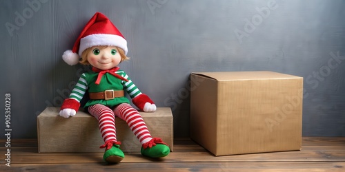 Wallpaper Mural Christmas elf sitting on the shelf next to a Christmas box, Christmas, elf, sitting, shelf, box, holiday, festive, decoration, red Torontodigital.ca