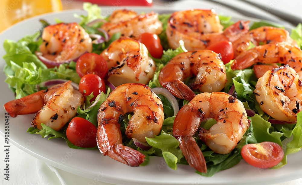 A fresh shrimp salad with cherry tomatoes and mixed greens elegantly presented on a white plate, highlighting a healthy and colorful meal. A fresh shrimp salad with cherry tomatoes and mixed greens elegantly presented on a white plate, highlighting a healthy and colorful meal.