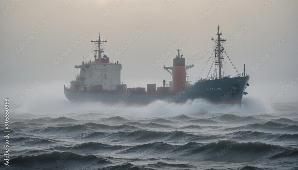 A cargo ship struggling through dense fog and towering waves in the early morning, with visibility near zero and the eerie sound of foghorns echoing.
A cargo ship struggling through dense fog and towering waves in the early morning, with visibility near zero and the eerie sound of foghorns echoing.