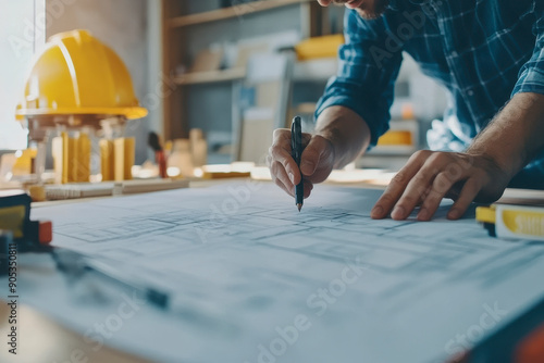 Close up Manual worker and architect analyzing housing plans at construction site.