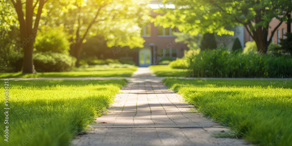 Path through green grass in the University campus. Education and school background.