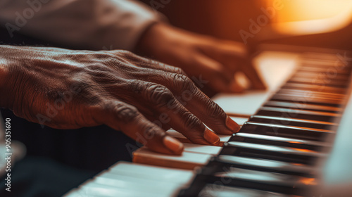 Close-up of a person’s hands playing the piano, showcasing musical talent and passion.