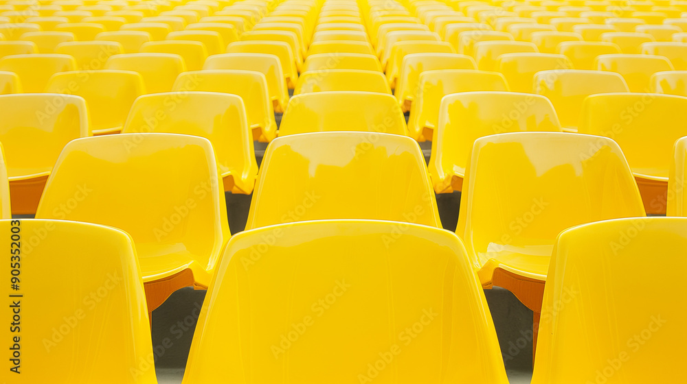 Fototapeta premium A neat arrangement of yellow plastic stadium seats in perfect rows, creating a vibrant pattern.