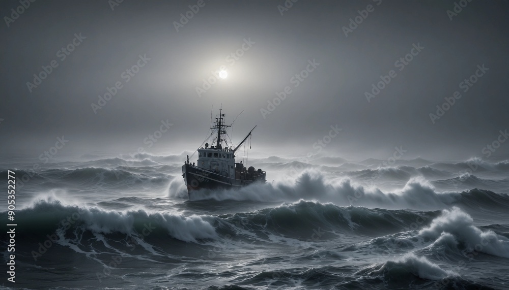 A lone fishing boat braving a foggy, freezing night at sea, surrounded by towering waves
A lone fishing boat braving a foggy, freezing night at sea, surrounded by towering waves