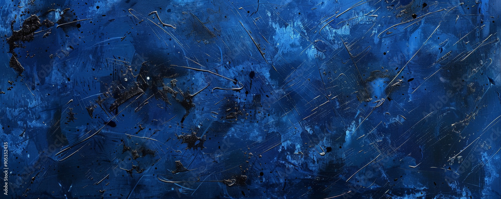 A deep cobalt background with a textured, grungy appearance, featuring scratches and splatters in shades of black and dark blue.