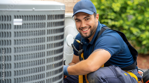Professional air conditioning technician repairing, cleaning, or installing an air conditioner or heat pump outdoors. HVAC repair, installing an AC, cooling system maintenance.