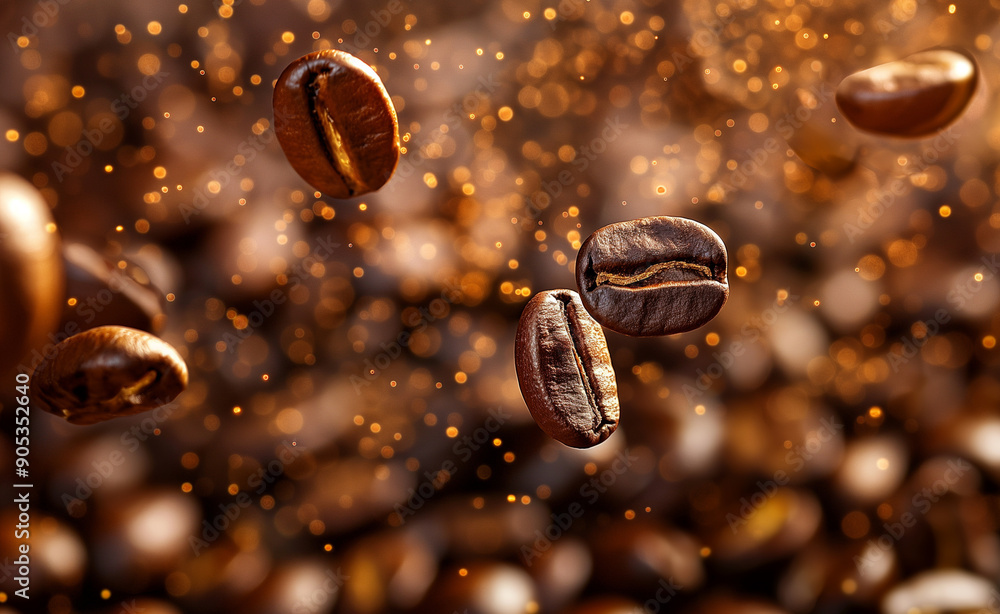 Coffee beans suspended in mid-air with a dynamic motion, surrounded by a golden sparkle, symbolizing freshness and energy. Coffee beans suspended in mid-air with a dynamic motion, surrounded by a golden sparkle, symbolizing freshness and energy.