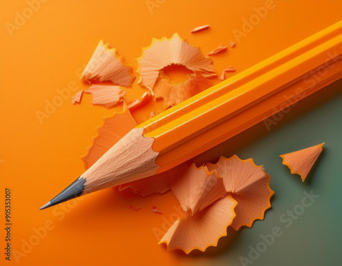 Modern Academic Art Pencil with Shavings on Bright Background with Copy Space photo