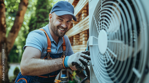 Professional air conditioning technician repairing, cleaning, or installing an air conditioner or heat pump outdoors. HVAC repair, installing an AC, cooling system maintenance.