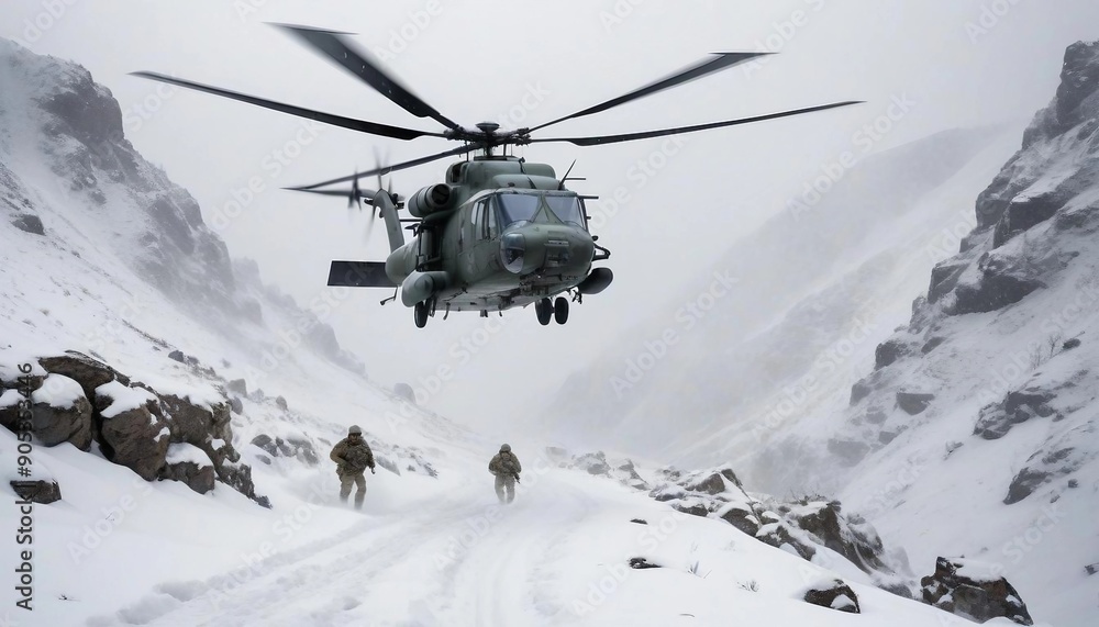 A military helicopter flies low over a snowy mountain pass during a snowstorm. soldiers disembark into deep snow. A military helicopter flies low over a snowy mountain pass during a snowstorm. soldiers disembark into deep snow.