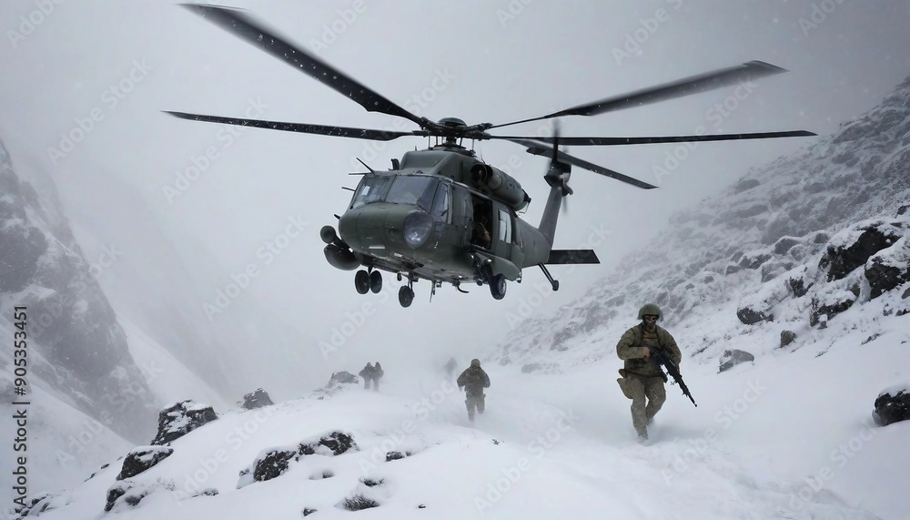 A military helicopter flies low over a snowy mountain pass during a snowstorm. soldiers disembark into deep snow. A military helicopter flies low over a snowy mountain pass during a snowstorm. soldiers disembark into deep snow.