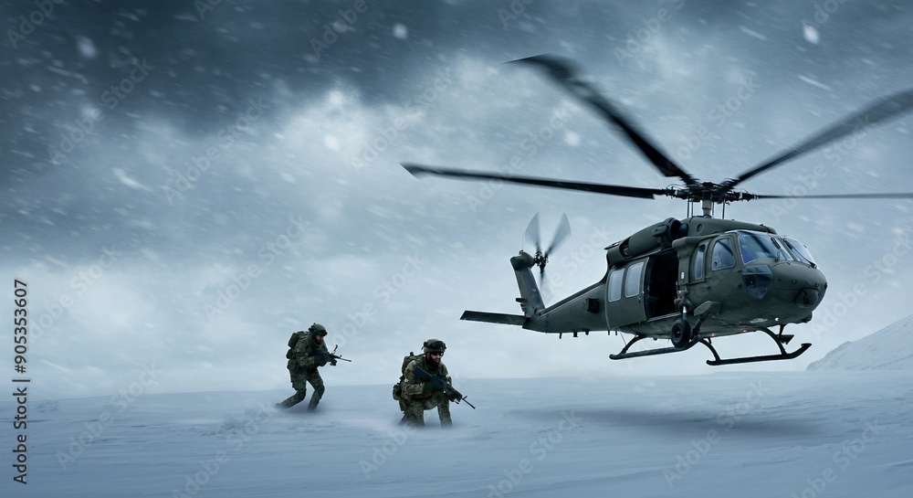 Fototapeta premium A military helicopter flies low over a snowy mountain pass during a snowstorm. soldiers disembark into deep snow.
