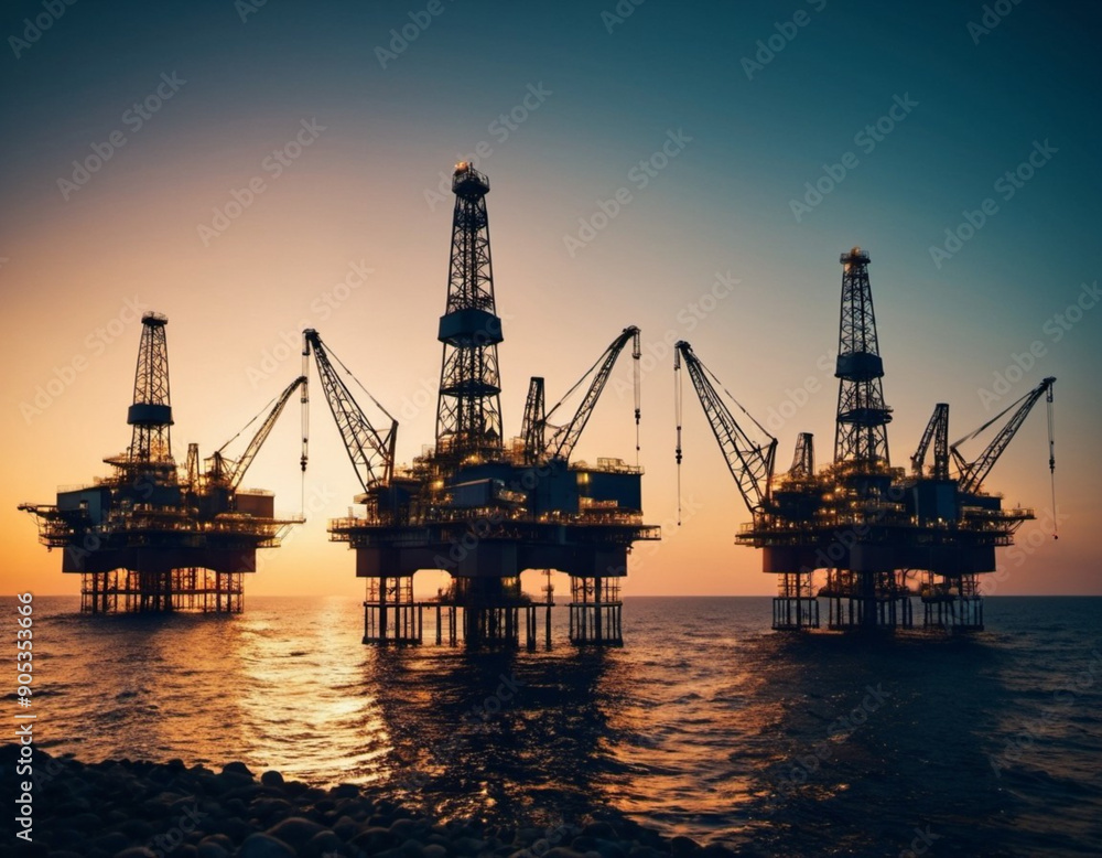A large illuminated offshore oil rig stands tall in the water at dusk. The rig's lights cast a warm glow against the darkening sky, while the platform's silhouette is framed by the rippling water. AI. A large illuminated offshore oil rig stands tall in the water at dusk. The rig's lights cast a warm glow against the darkening sky, while the platform's silhouette is framed by the rippling water. AI.