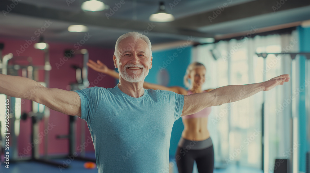 senior man and woman doing sport stretching exercises standing in gym indoor. senior man and woman doing sport stretching exercises standing in gym indoor.