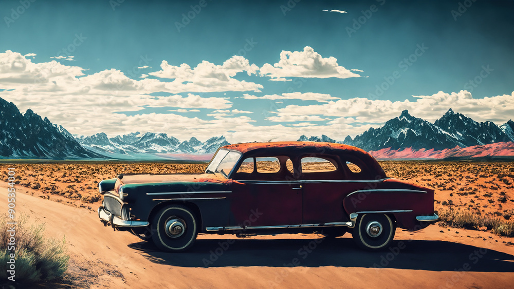 Fototapeta premium Wide shot of old car abandoned at ranch in desert landscape. 