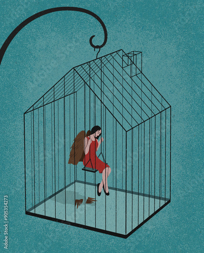 Woman with clipped wings trapped inside house shaped cage