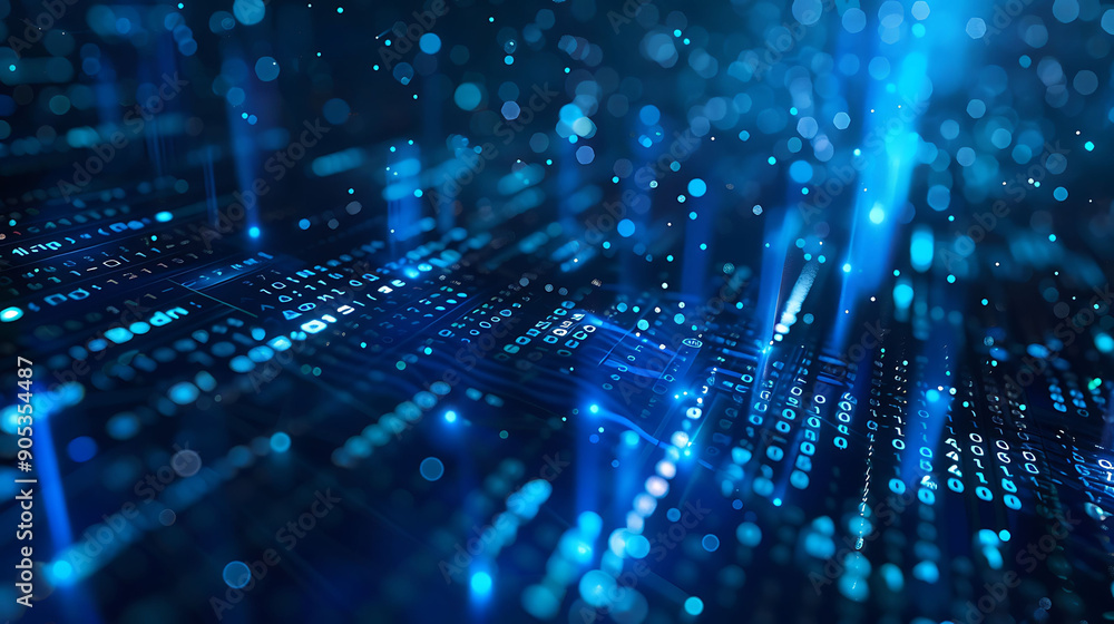 Abstract Blue Digital Network with Binary Code and Glowing Lights Abstract Blue Digital Network with Binary Code and Glowing Lights