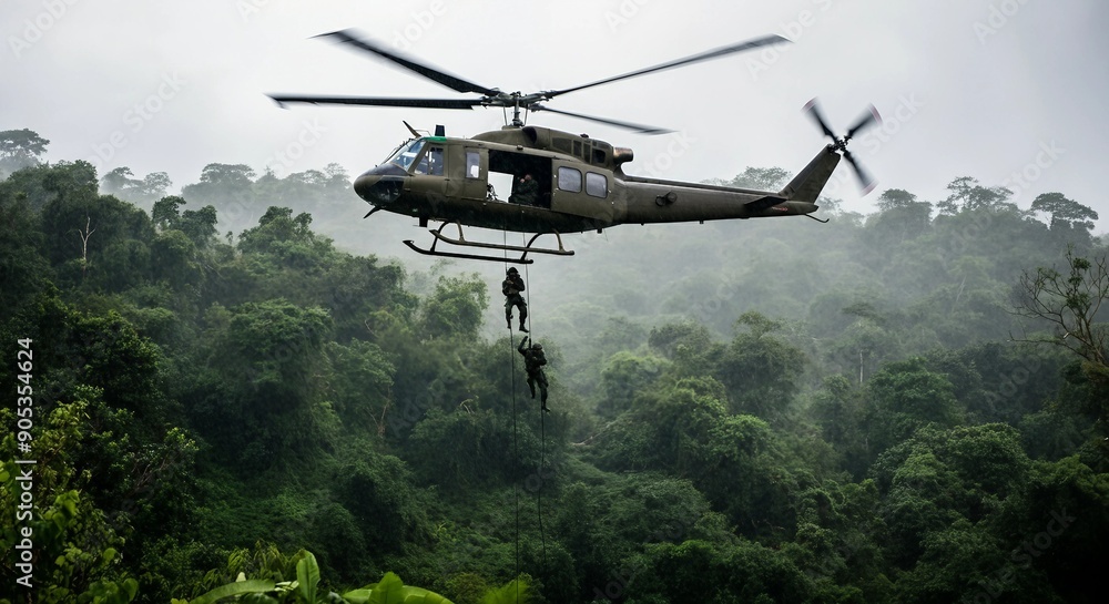 A military helicopter hovering above a dense Vietnamese jungle in heavy rain, with soldiers rappelling down into the thick greenery below.
A military helicopter hovering above a dense Vietnamese jungle in heavy rain, with soldiers rappelling down into the thick greenery below.