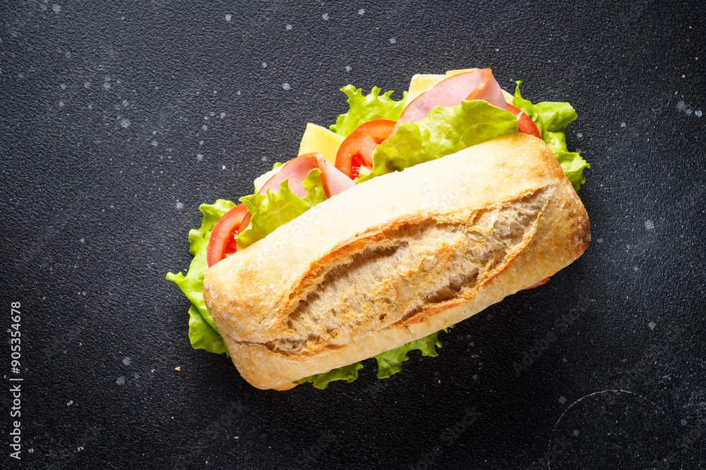 Ciabatta sandwich with lettuce, cheese, tomatoes and ham on black background. Fast food, snack or lunch. Top view with copy space.