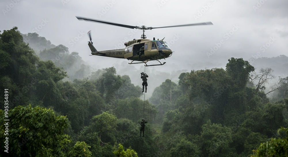 A military helicopter hovering above a dense Vietnamese jungle in heavy rain, with soldiers rappelling down into the thick greenery below.
A military helicopter hovering above a dense Vietnamese jungle in heavy rain, with soldiers rappelling down into the thick greenery below.