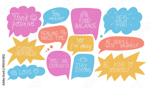 Mental health short phrase with bubble speech. Doodle positive slogan. Self care and love hand drawn elements. Heal your mind