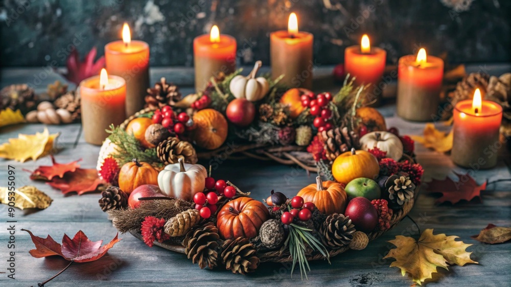 Fototapeta premium Festive Autumn Wreath With Candles Background