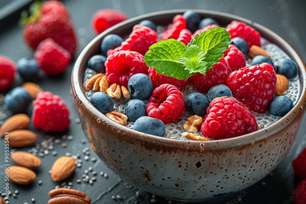 Fresh Berry Chia Seed Bowl With Nuts and Mint on Wooden Table Fresh Berry Chia Seed Bowl With Nuts and Mint on Wooden Table