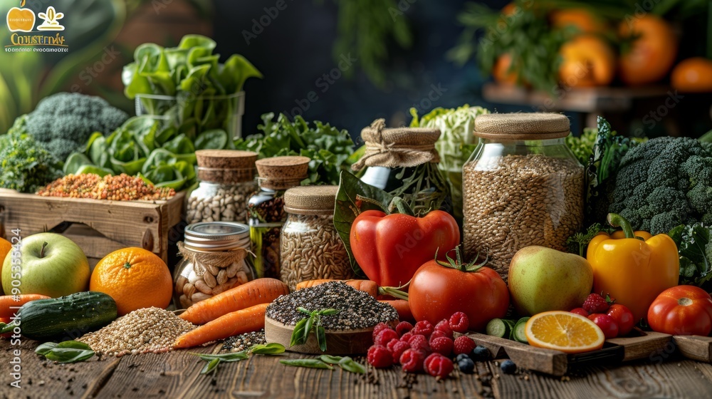 Fototapeta premium Fresh Organic Produce and Grains Displayed on Rustic Wooden Table With Jars. Generative AI